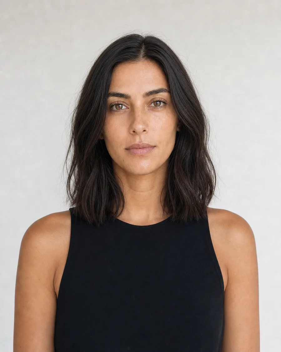 The same adult with a textured collarbone bob